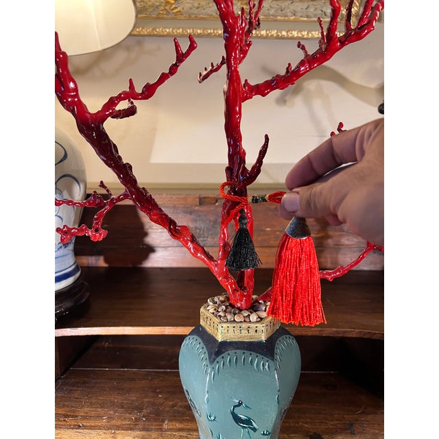 Chinoiserie Chinoiserie Chic Decorative Faux Red Coral Branch in Handpainted & Gilded Green Vase For Sale - Image 3 of 16