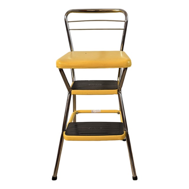 Vintage Cosco Stylaire Yellow Chrome Step Stool Chair For Sale