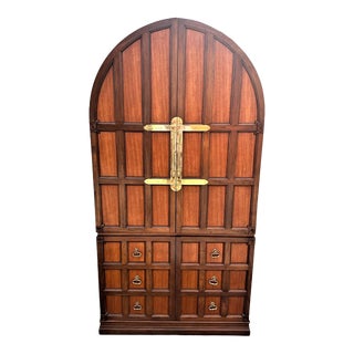 Solid Teak Spanish Revival Dome Top Armoire - Vintage Mid 20th Century For Sale