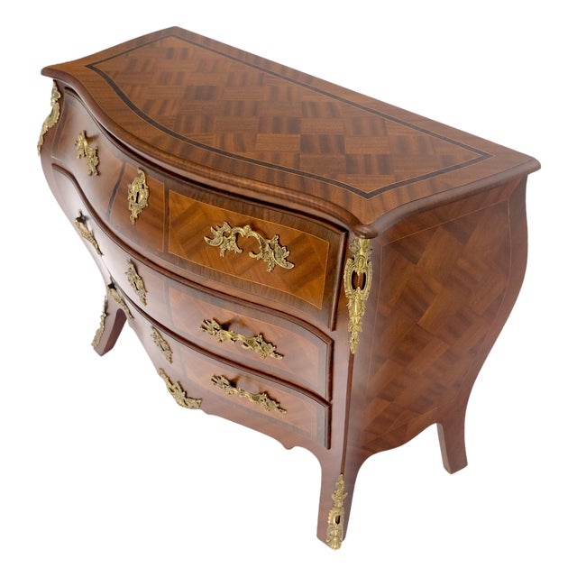 Bombe French Parquetry Top Bronze Mount Ormolu Mount 3 Drawers Dresser MINT For Sale