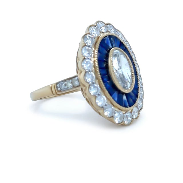 Art Deco 14ct Yellow Gold Sapphire & Diamond "Art-Deco" Ring 3.52ct For Sale - Image 3 of 8