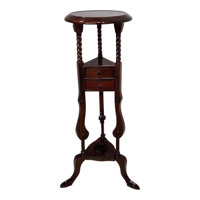 Mid 20th Century Georgian-Style Mahogany Plant Stand With Barley Twist Legs, 2 Drawers & Undershelf For Sale
