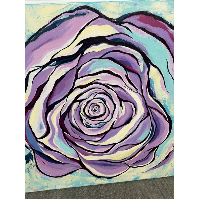 Plastic P. Black Signed Pop Art Stylized Teal + Lavender Rose Acrylic Painting For Sale - Image 7 of 12