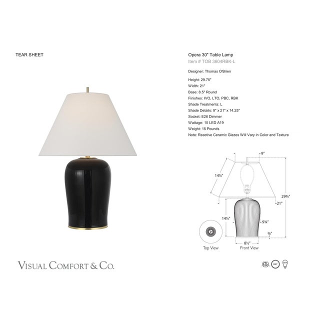 Thomas O'Brien by Visual Comfort Signature Opera 30" Table Lamp in Raven Black with Linen Shade Designer: Thomas O'Brien...