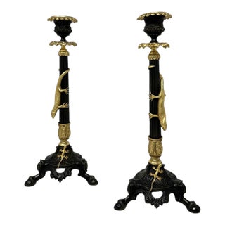 Antique Pair French Ormolu Gilt Bronze Dore Empire Candlesticks With Lizards 19c For Sale