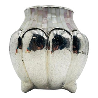 Large Silver-Plated & Mother-of-Pearl Vase by Los Castillo, Taxco Mexico, 1960s For Sale