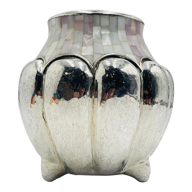 Large Silver-Plated & Mother-of-Pearl Vase by Los Castillo, Taxco Mexico, 1960s For Sale