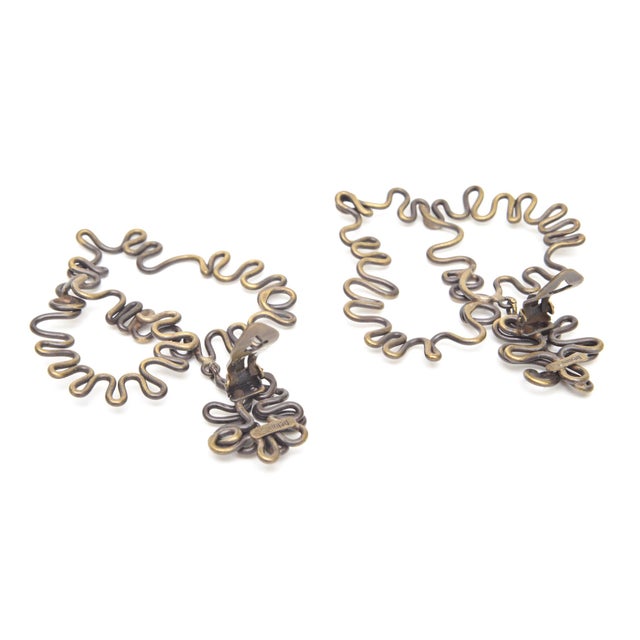 Brass Vintage Artisan Squiggly Hand Wrought Brass Clip on Dangle Earrings, !970's For Sale - Image 8 of 8