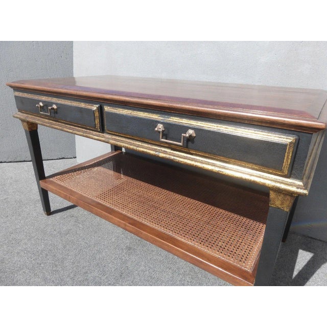Hollywood Regency Vintage French Country Black & Gold Crackle Finish Library Console Table Desk For Sale - Image 3 of 11
