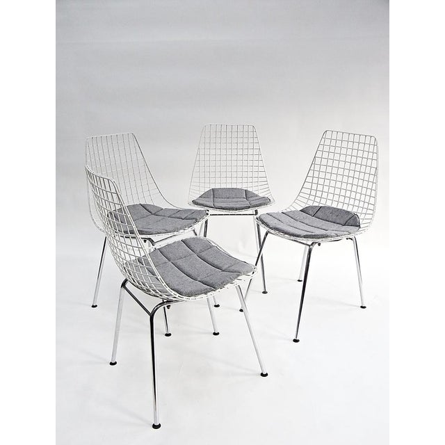 Wire Chairs in Chrome and White Steel Mesh, Set of 4, in Very Good conditions. Designed 1960 to 1969