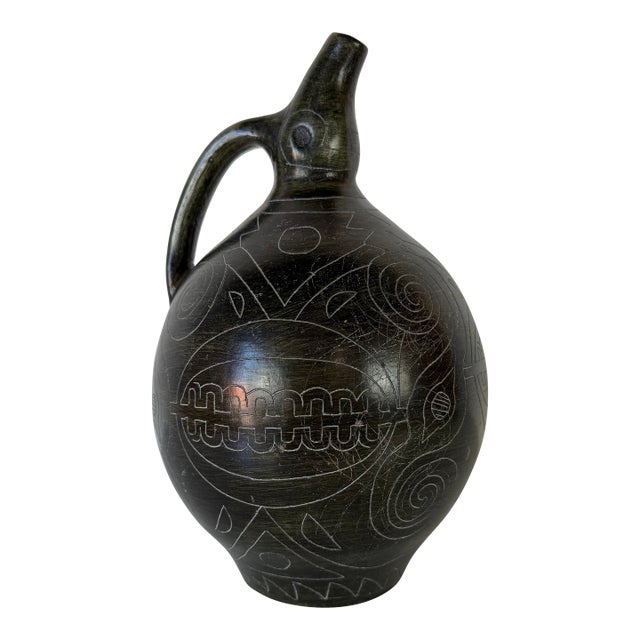 Vintage Organic Primitive Style Handcrafted Black Pottery Vase With Incised Tribal Motifs For Sale