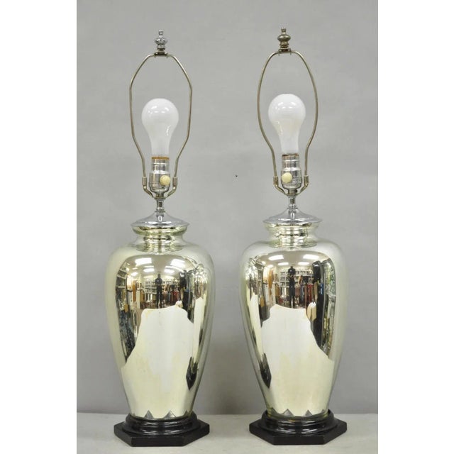 Vintage Mid Century Modern Silver Mercury Glass Jardiniere Vase Table Lamps Pair For Sale - Image 12 of 12