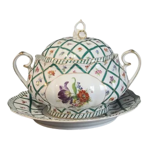 Vintage Hand Painted Floral Gilded "Royal Europe" Soup Tureen & Under Plate