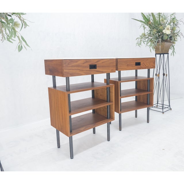 Pair of Oiled Walnut 1 Drawer 3 Tier Side End Tables Stands Composite Top Mint! For Sale - Image 9 of 14