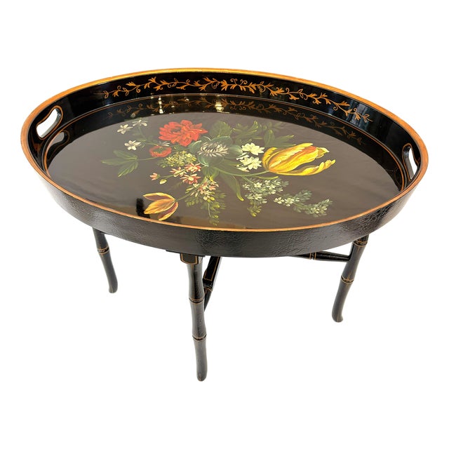 Late 20th Century Regency Chinoiserie Style Lacquer and Faux Bamboo Folding Tray Table For Sale