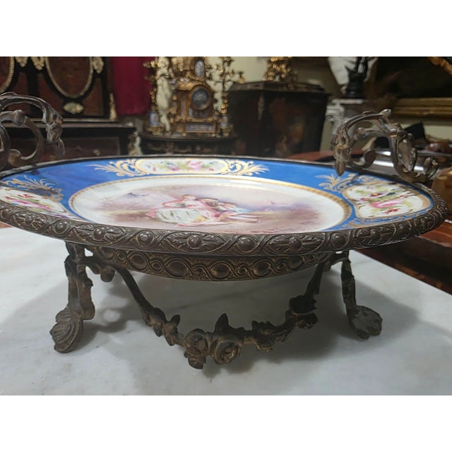 Antique French Hand-Painted Porcelain Centerpiece Bowl With Bronze Ormolu Stand & Cobalt Blue Border For Sale - Image 9 of 10