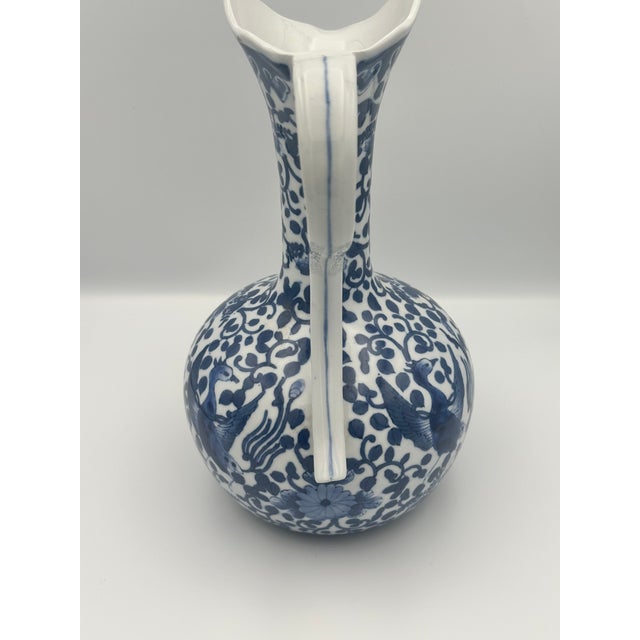 Vintage Chinoiserie Blue & White Porcelain Ewer – Hand Painted Birds & Florals For Sale - Image 4 of 10