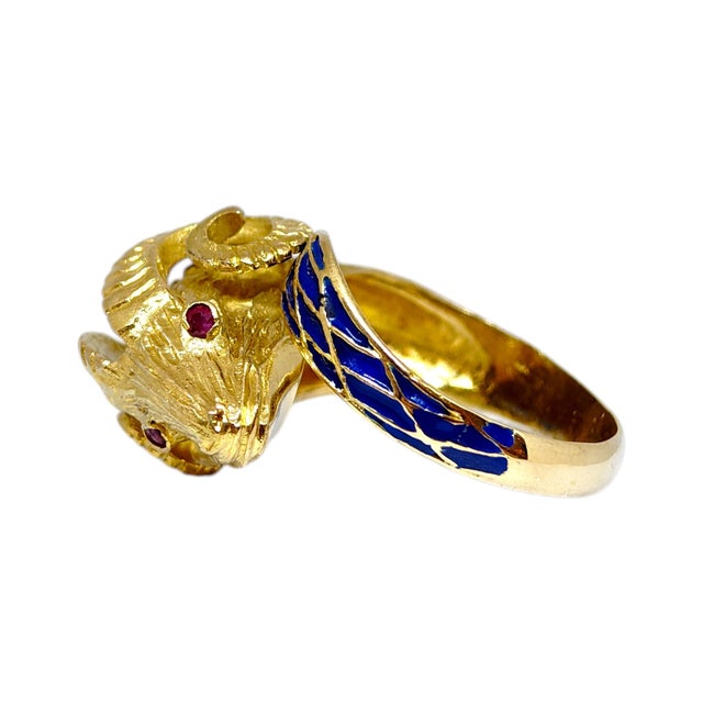 Vintage 18k Enamel and Ruby Ram's Head Ring, Size 9 For Sale - Image 4 of 11