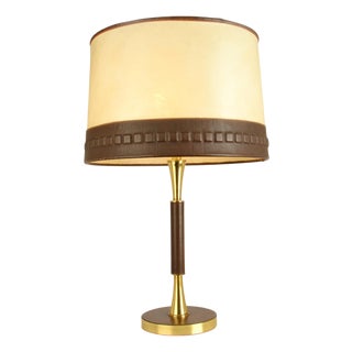 Leather and Brass Table Lamp with Parchment Shade, 1960s For Sale