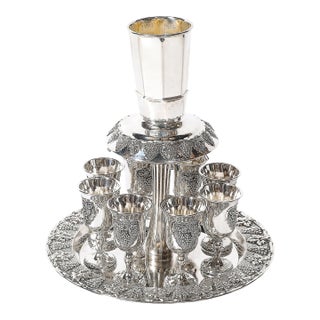 Mid-Century Silver Plated Fountain Kiddush Cup Set in Grape & Vine Motif For Sale
