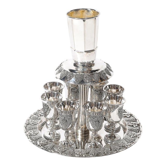Mid-Century Silver Plated Fountain Kiddush Cup Set in Grape & Vine Motif For Sale