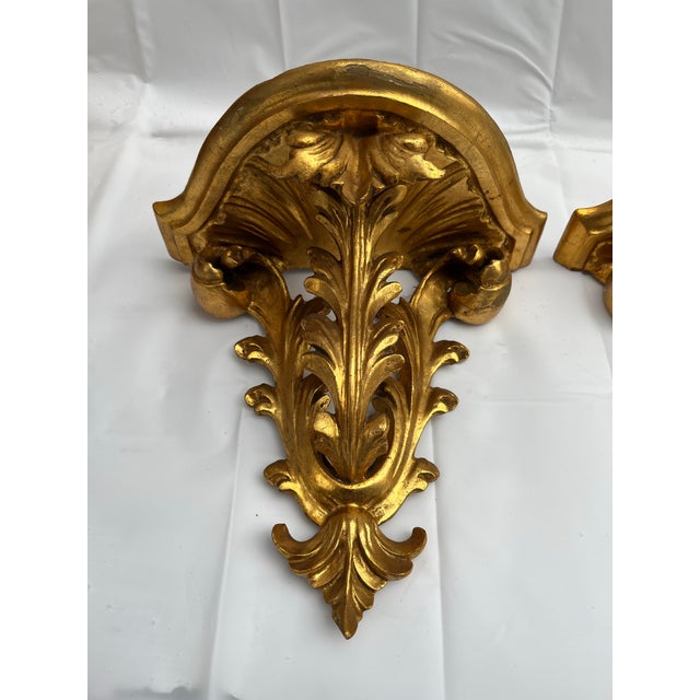 Hollywood Regency Antique Italian Gilt Wood Wall Brackets a Pair For Sale - Image 3 of 11