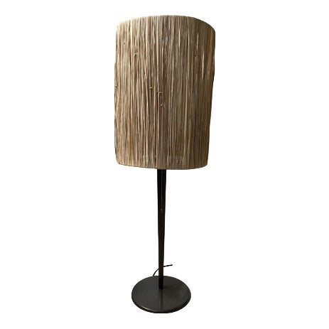 Vintage Metal Lamp with Natural Fiber Lampshade For Sale