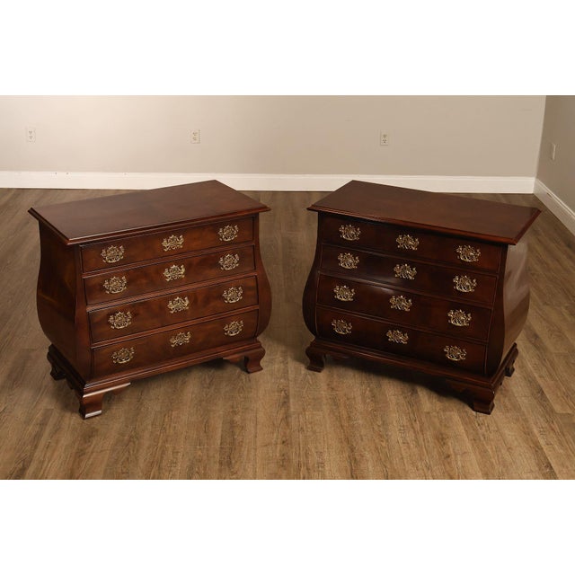 High Quality American Made Pair of Mahogany Bombe Form Dressers, Each with Four Dovetailed Drawers