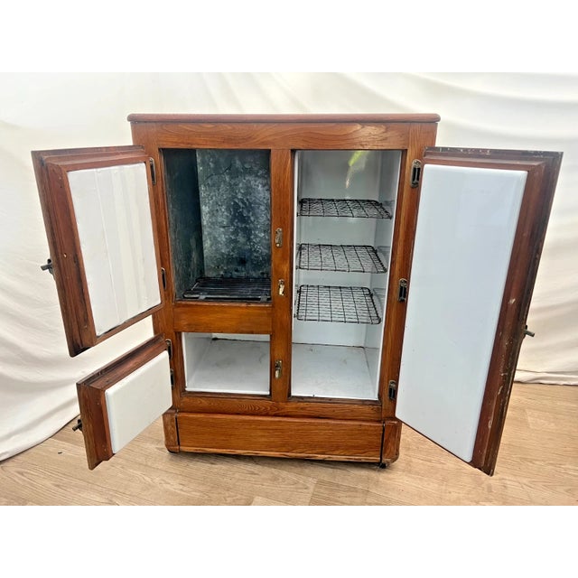 Antique Ice Box Three Storage Cabinets, Oak, Brass Latches Three Racks 32" Wide For Sale - Image 4 of 9