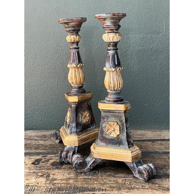 Mid 20th Century Vintage Italian Carved Wood Prickets - A Pair For Sale - Image 5 of 12