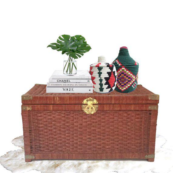 Vintage Rattan Trunk Woven Wicker Blanket Chest Chinese Brass Hardware