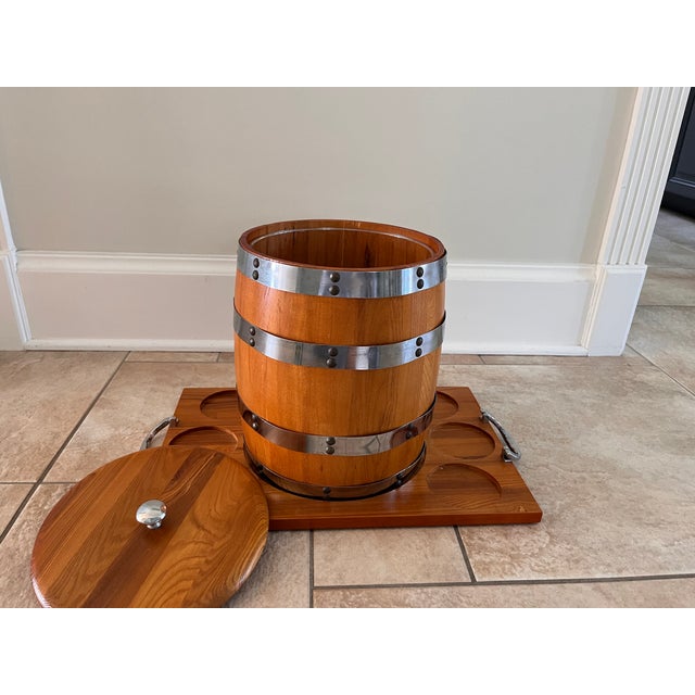 Brown Vintage Towle Silversmiths Wooden Ice Bucket/ Wine Chiller Barrel and Tray For Sale - Image 8 of 12
