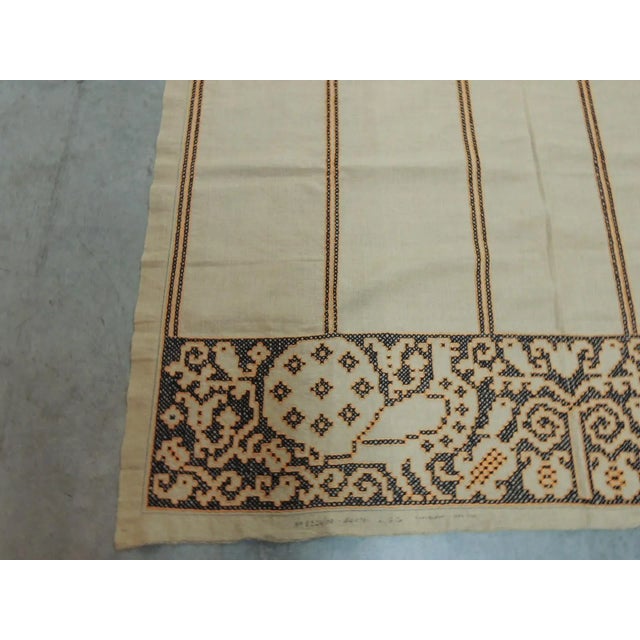 Vintage Orange and Black Embroidered Large Textile Panel Cross-stitch embroidery depicting peacocks and flowers on linen....