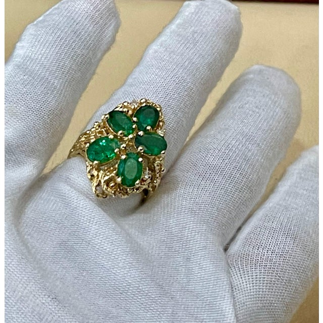 4 Ct Natural Emerald, Five Oval Stone and Diamond Ring 14 Karat Yellow Gold For Sale In New York - Image 6 of 18