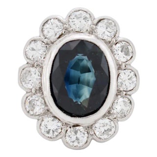 Circa 1930 Art Deco Ring, Natural Sapphire 2.40 Carats and Old-Cut Diamonds For Sale