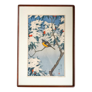 1970's Japanese Ukiyo-E Woodblock Print of Bird in Snow by Toshi Yoshida