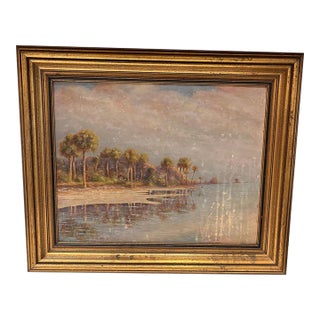 1929 Antique Old Florida Daytona Coastal Landscape Painting on Board, Original Gilt Frame For Sale