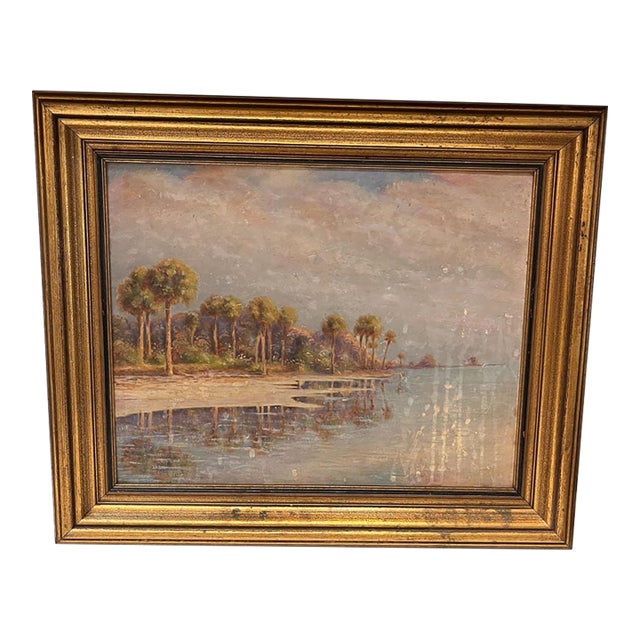 1929 Antique Old Florida Daytona Coastal Landscape Painting on Board, Original Gilt Frame For Sale