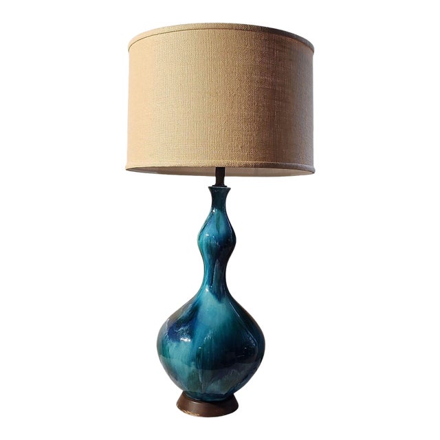 Mid Century Modern Royal Haeger Large Double Gourd Ceramic Table Lamp With Shade For Sale