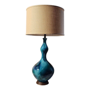 Mid Century Modern Royal Haeger Large Double Gourd Ceramic Table Lamp With Shade