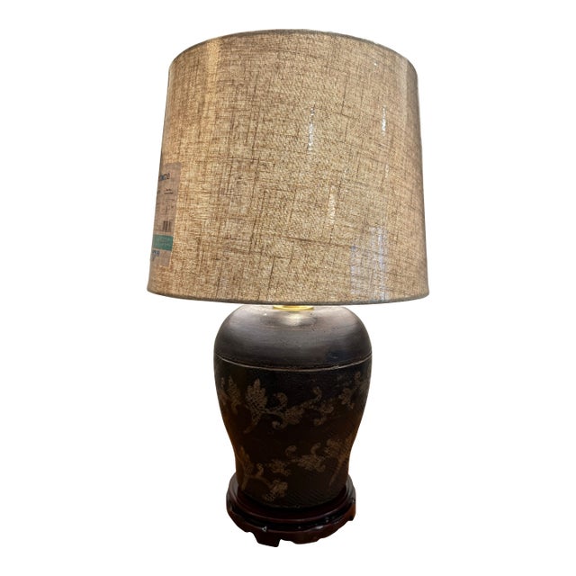 1990s Aged Brown Tall Pottery Urn Lamp With Decorative Carvings For Sale