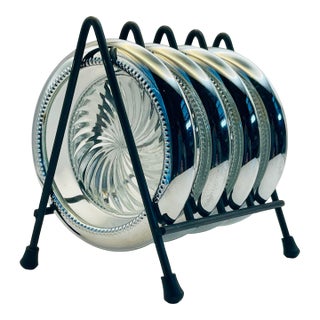 Vintage Silverplate & Glass Coasters- Set of Four For Sale