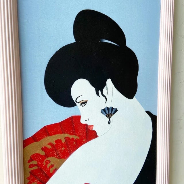 1980s Postmodern/Chinoiserie Framed and Signed Oil Painting of Lady With Fan For Sale - Image 5 of 8