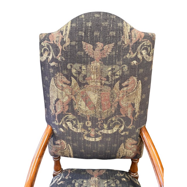 Wood Pair of Late 20th Century Upholstered Armchairs With Heraldic Fabric For Sale - Image 7 of 11