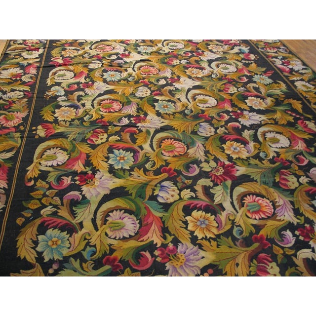 1890s Black Floral Antique European Needlepoint Rug 10'6" X 24'9" Handknotted Wool Carpet For Sale In New York - Image 6 of 11