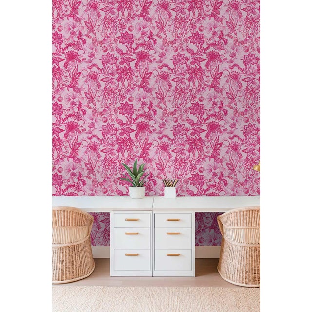 Textile Floral & the Frog Chinoiserie Grasscloth Wallpaper by House Party | Cherry Blossom Pink | 8 Yards For Sale - Image 7 of 7