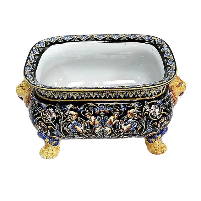 Earthenware Planter with Polychrome Decorations from Gien, Late 19th or Early 20th Century For Sale