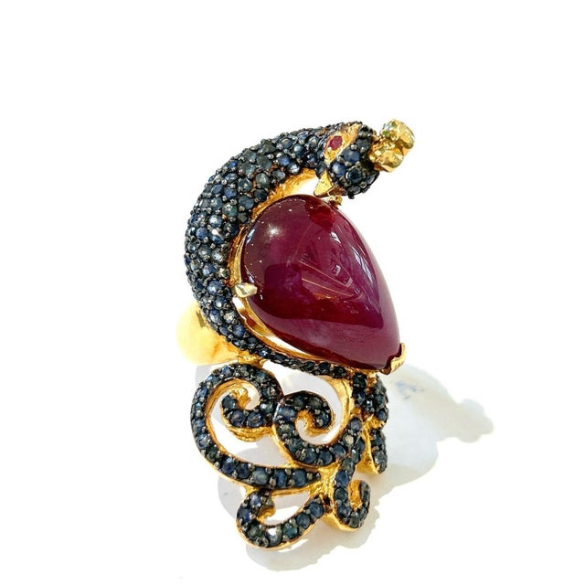 English Bochic "Orient" Ruby & Sapphire Swan Cocktail Ring Set 18K & Silver For Sale - Image 3 of 18