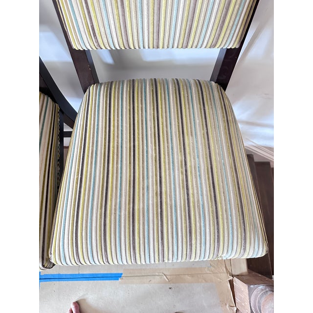American Set of 2 Cherish-Bar Stools From Crate & Barrel With Romo Striped Textured Velvet Upholstery Seat Covering For Sale - Image 3 of 12