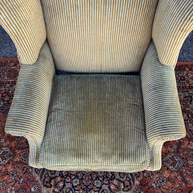 American Vintage Ethan Allen Traditional Chippendale Wingback Lounge Chair in Striped Olive Green For Sale - Image 3 of 17